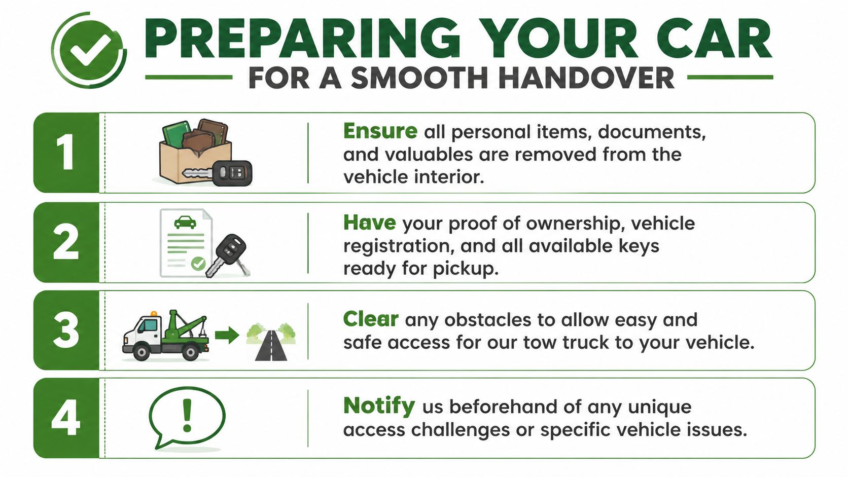 An infographic titled Preparing Your Car for a Smooth Handover listing four numbered steps with icons.