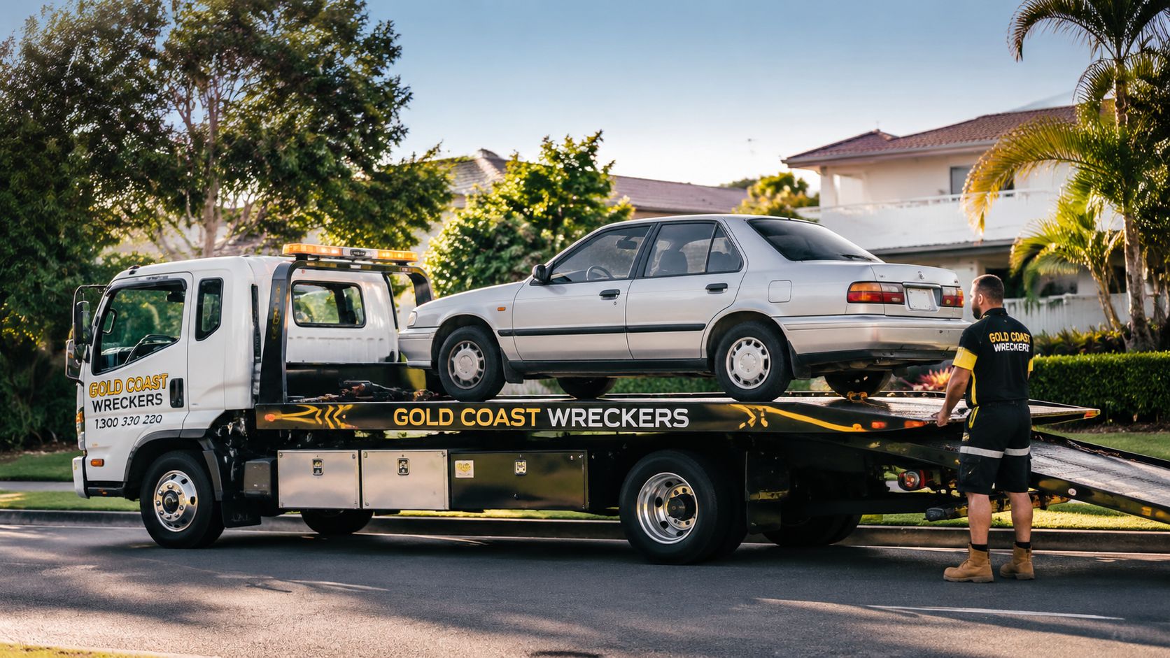 A Gold Coast Wreckers tow truck driver preparing to load a silver sedan onto the flatbed trailer.