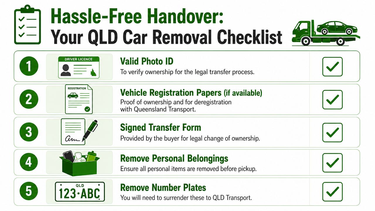 A checklist showing five essential steps for a hassle-free car removal process in Queensland, Australia.