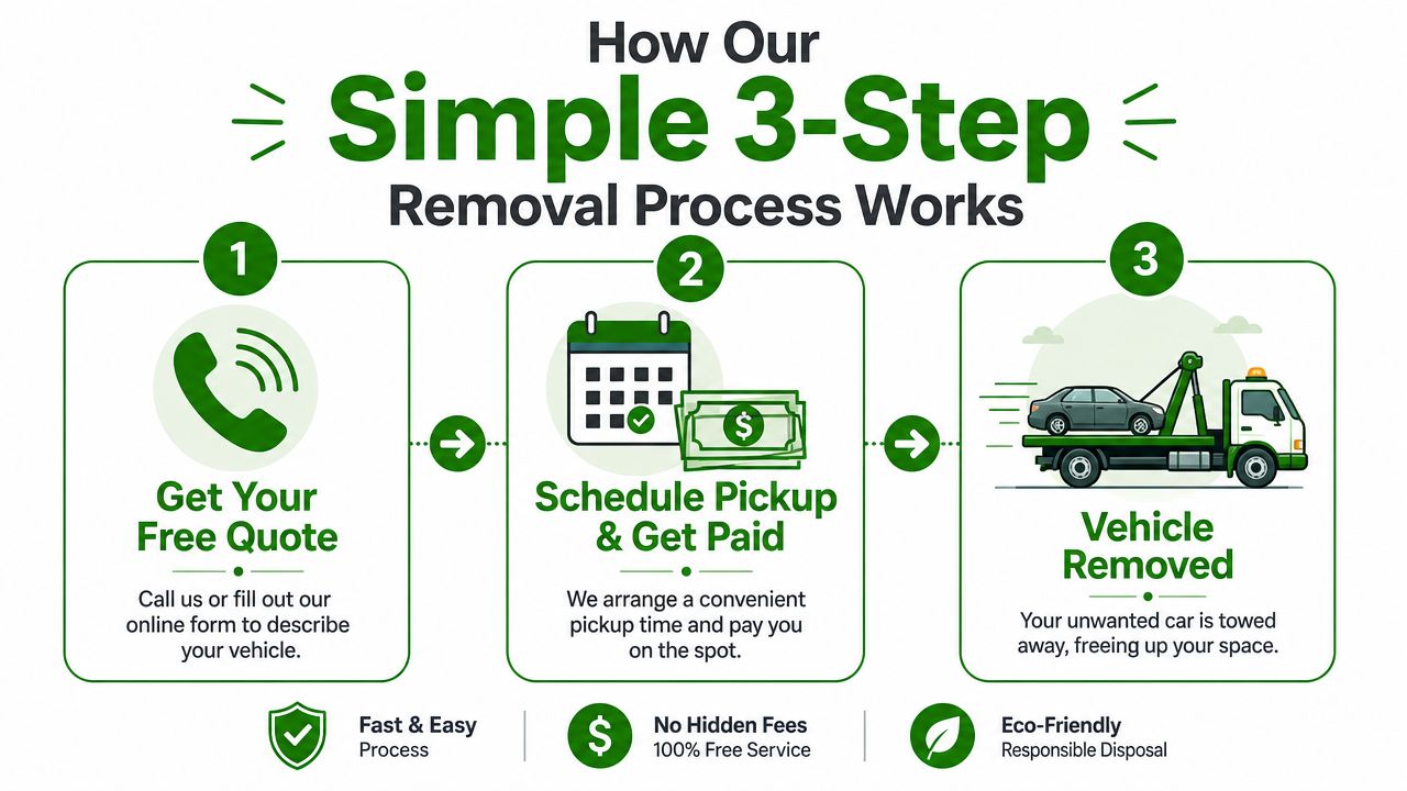 A simple three-step process infographic for car removal services including getting a quote, pickup, and disposal.