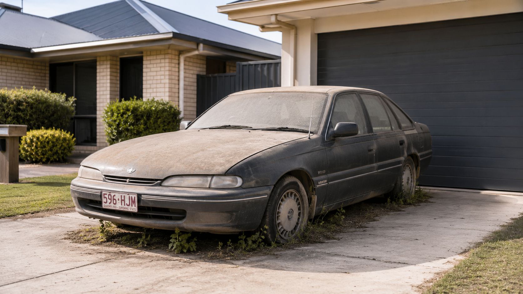 A dusty, neglected sedan parked in a residential driveway, indicating the need for professional car removal services.