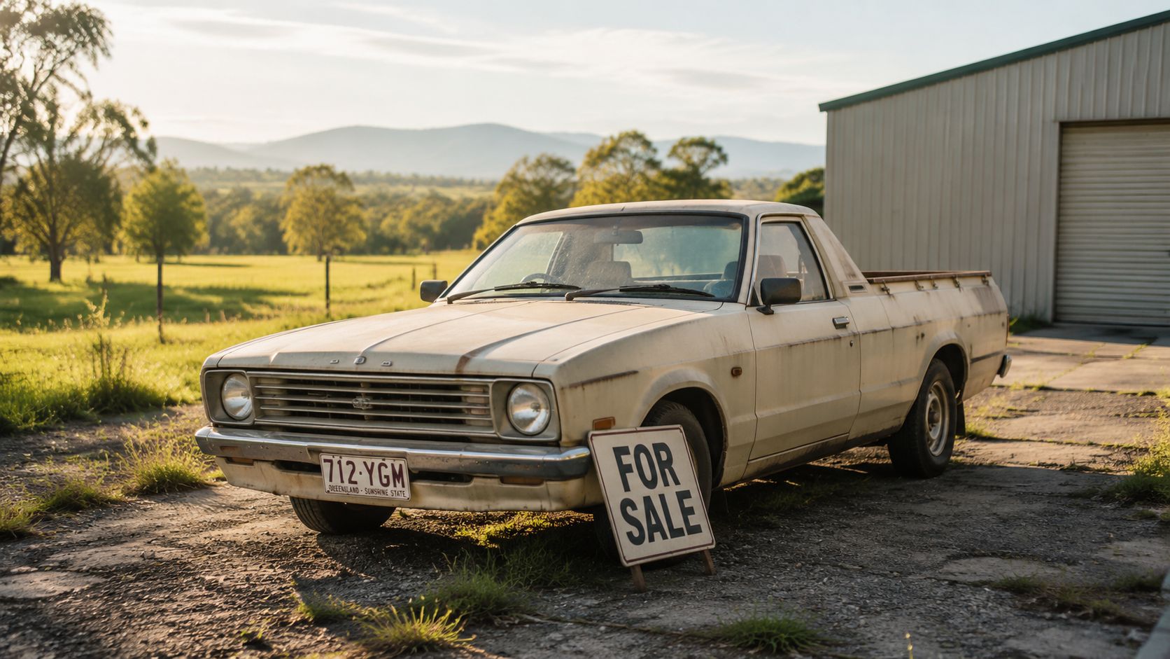 A weathered, vintage white ute parked on a gravel driveway in front of a shed with a for-sale sign.