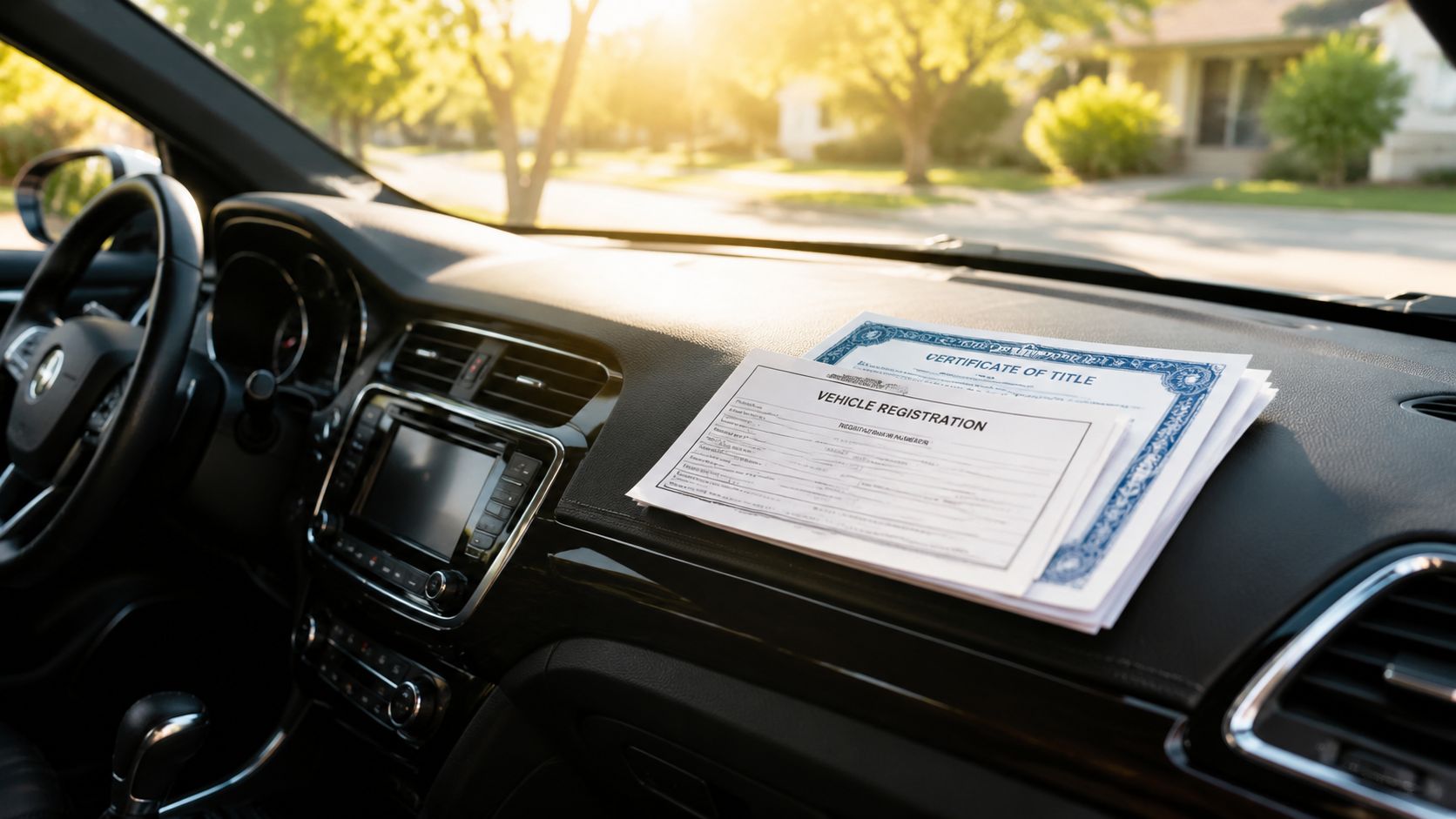 A stack of vehicle registration and title documents sitting on the dashboard of a car.